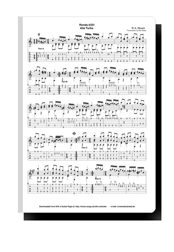 Turski mars note i tablatura original - Rondo alla turka